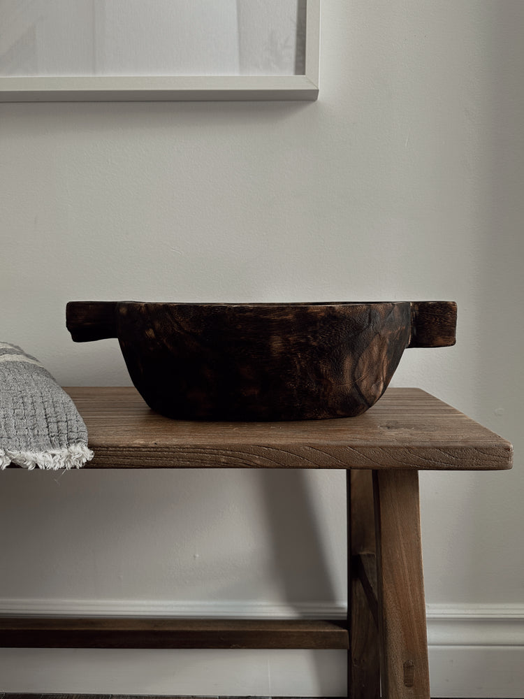 charred paulownia wood bowl with handles