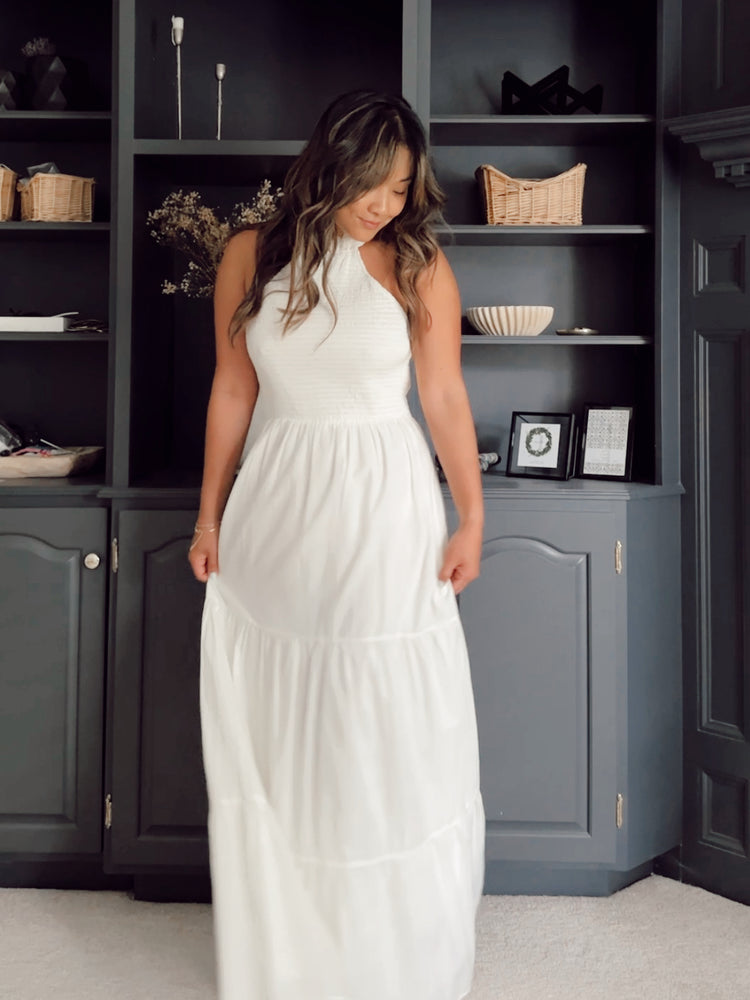 ruched halter maxi dress