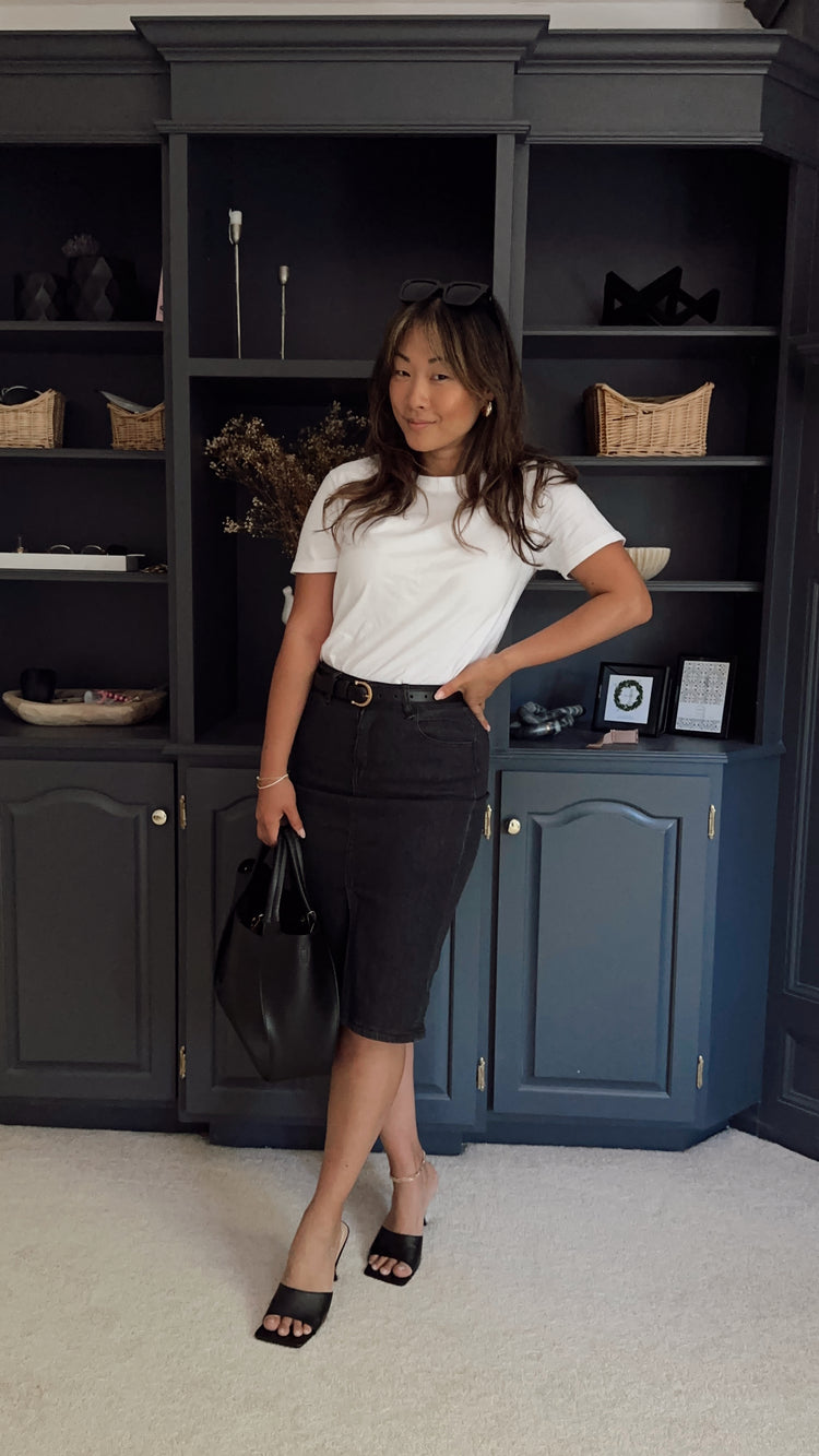 midi black jean skirt