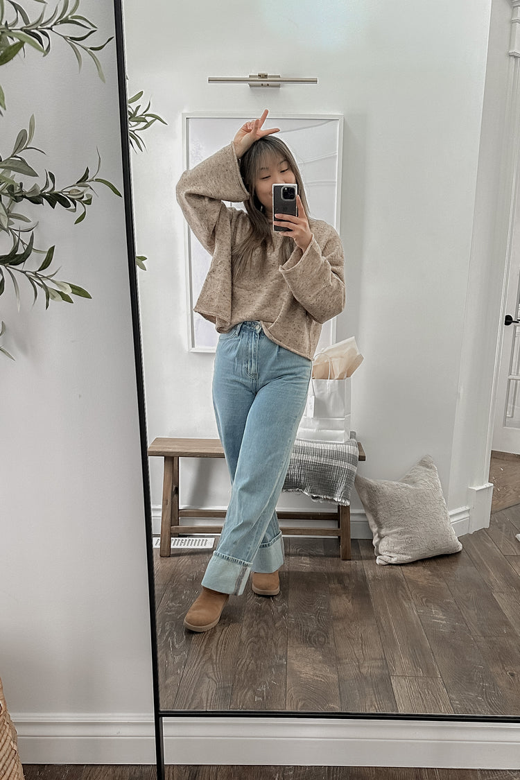 mock neck sweater in heathered taupe