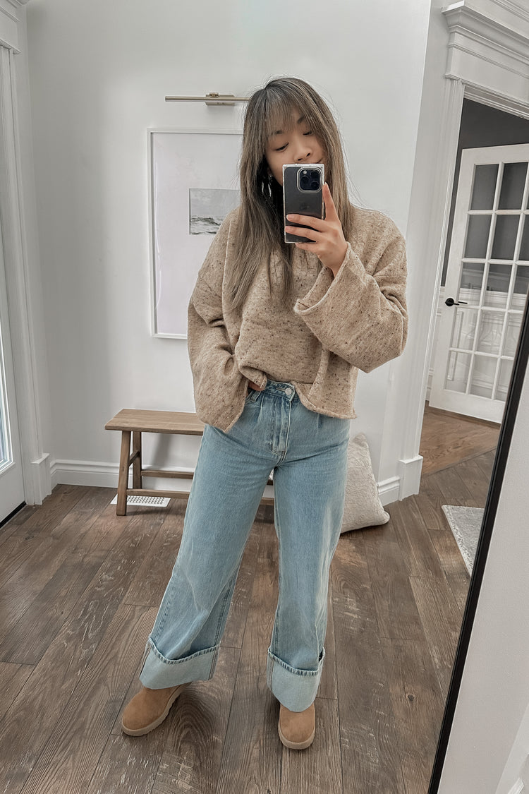 mock neck sweater in heathered taupe