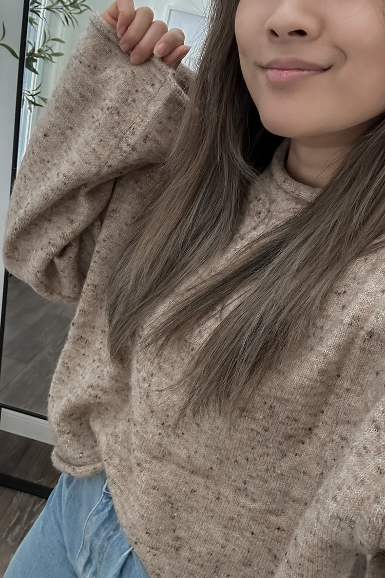 mock neck sweater in heathered taupe