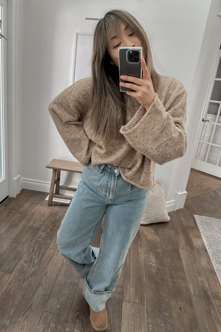 mock neck sweater in heathered taupe