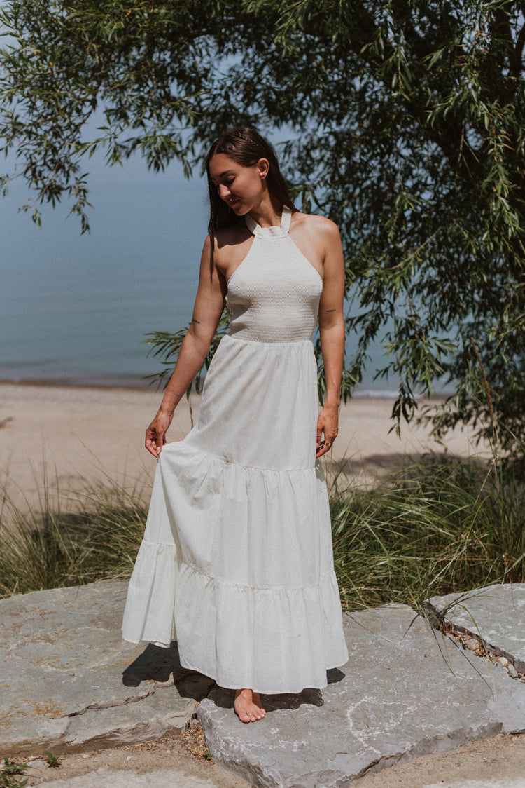 ruched halter maxi dress