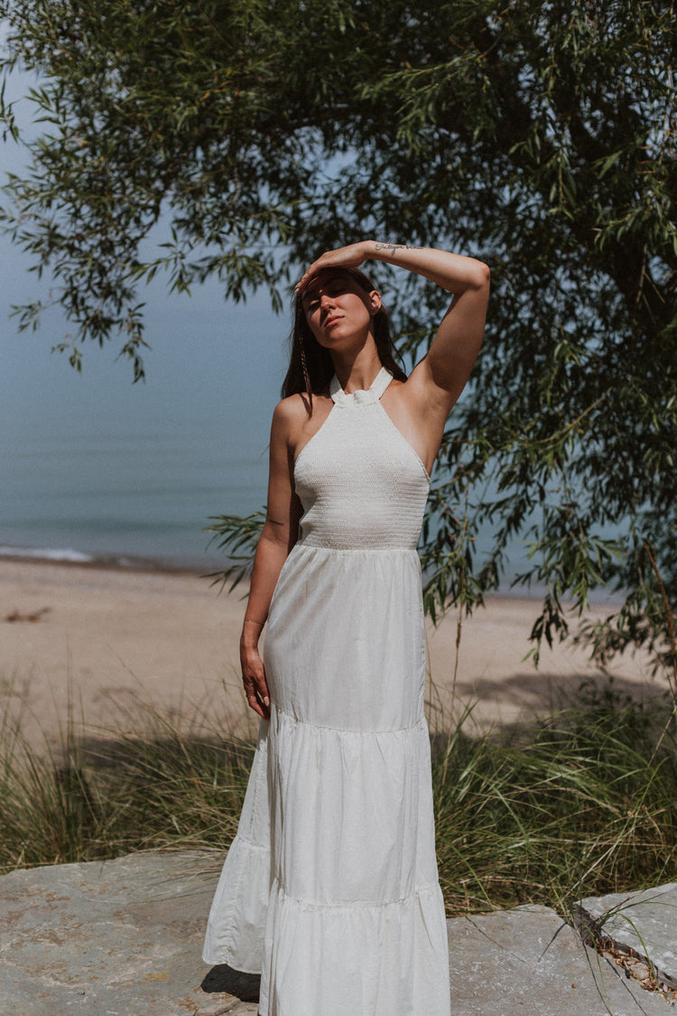 ruched halter maxi dress