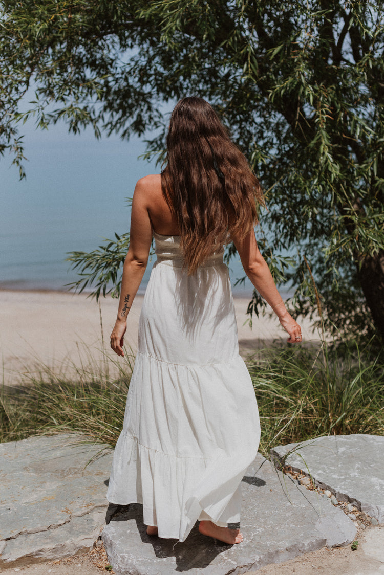 ruched halter maxi dress