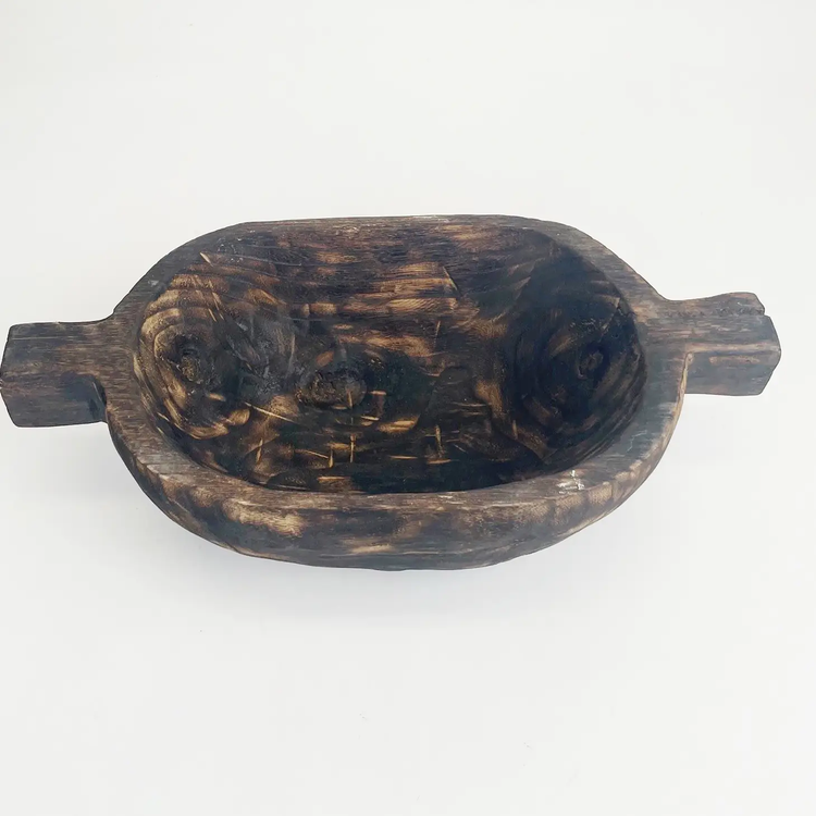 charred paulownia wood bowl with handles