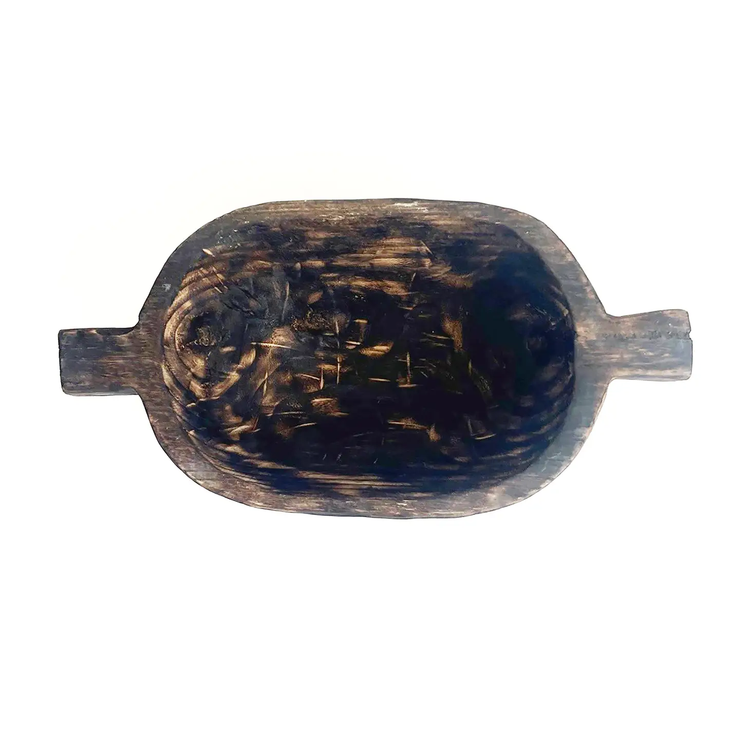 charred paulownia wood bowl with handles