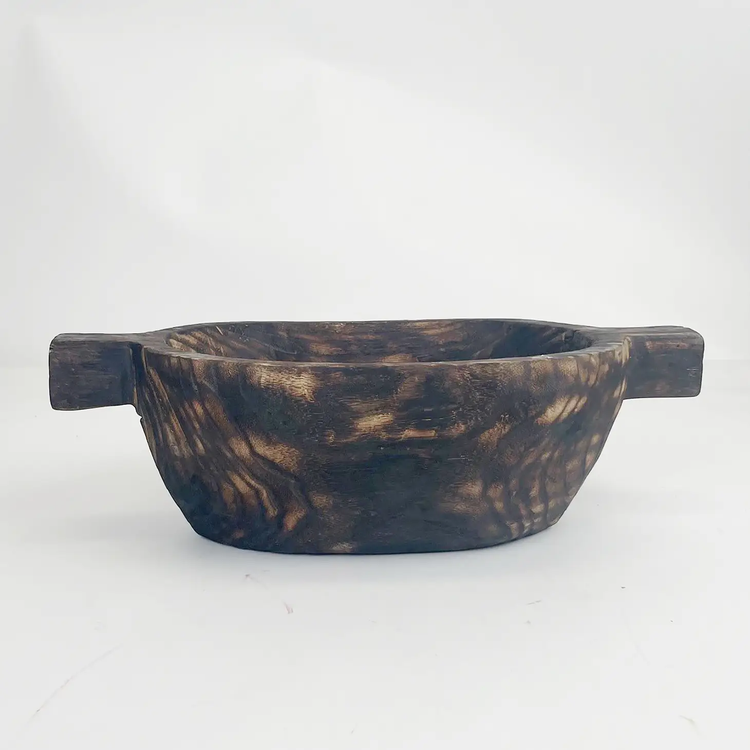 charred paulownia wood bowl with handles