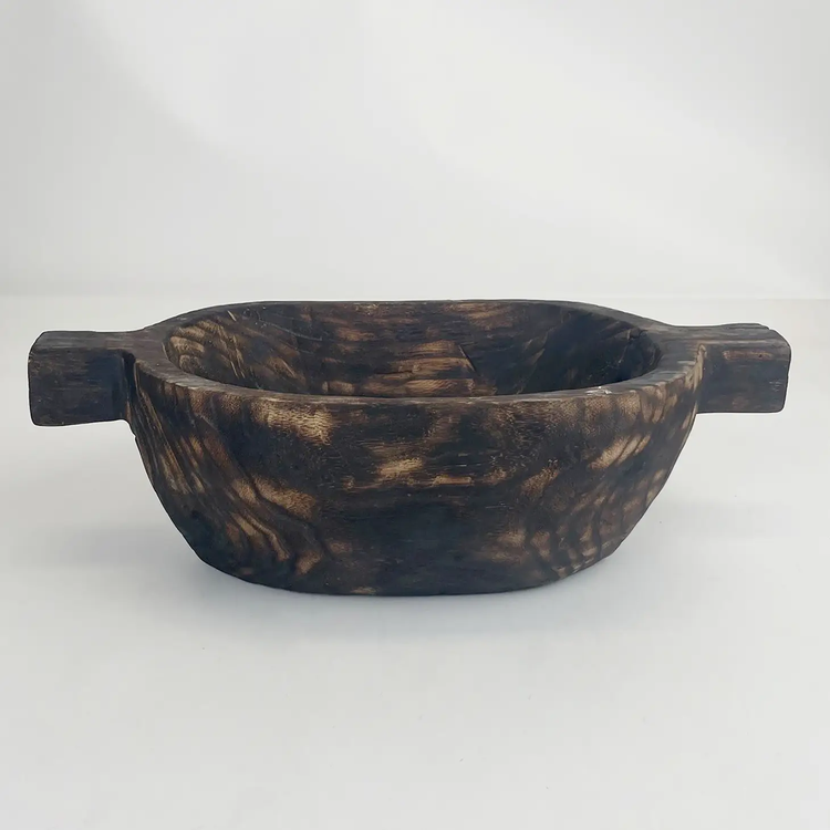 charred paulownia wood bowl with handles