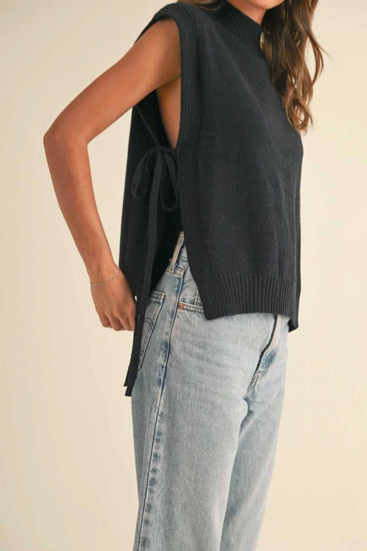 mock neck side tie sleeveless sweater