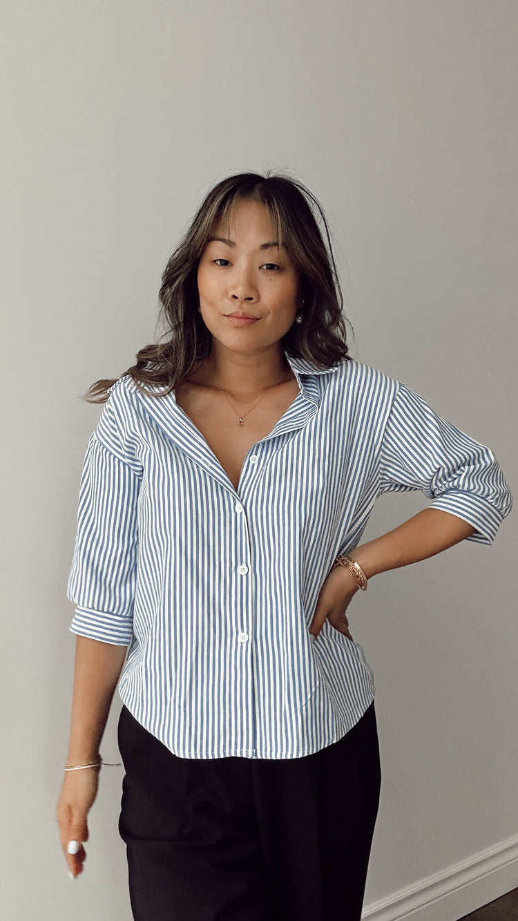 • sale • blue striped button down short sleeve shirt