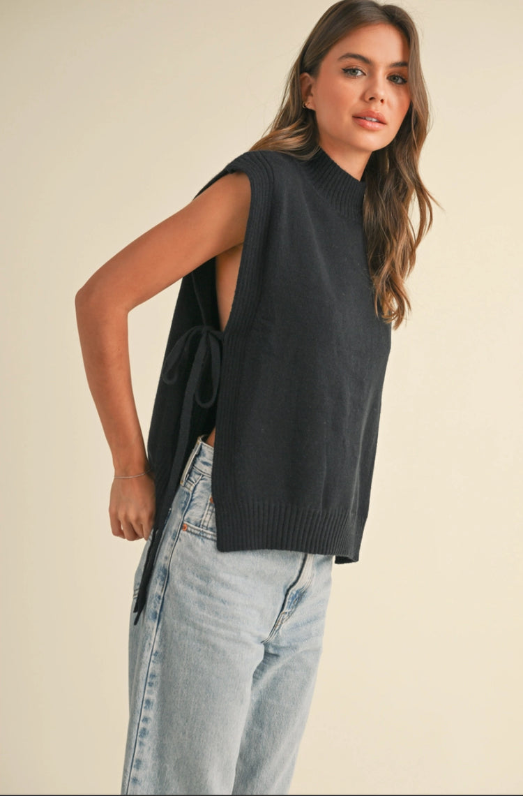 mock neck side tie sleeveless sweater