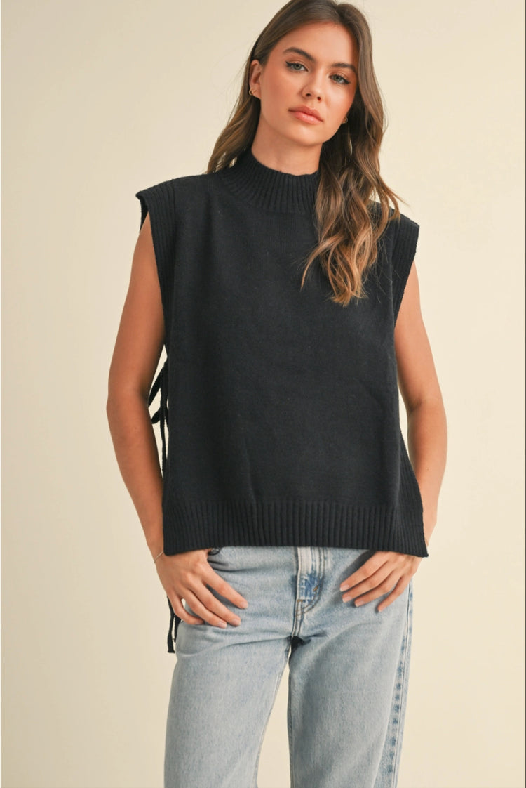 mock neck side tie sleeveless sweater