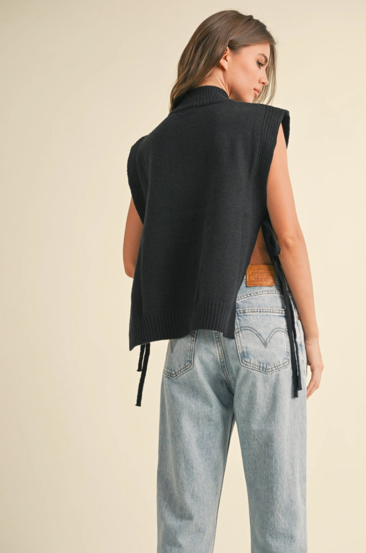 mock neck side tie sleeveless sweater