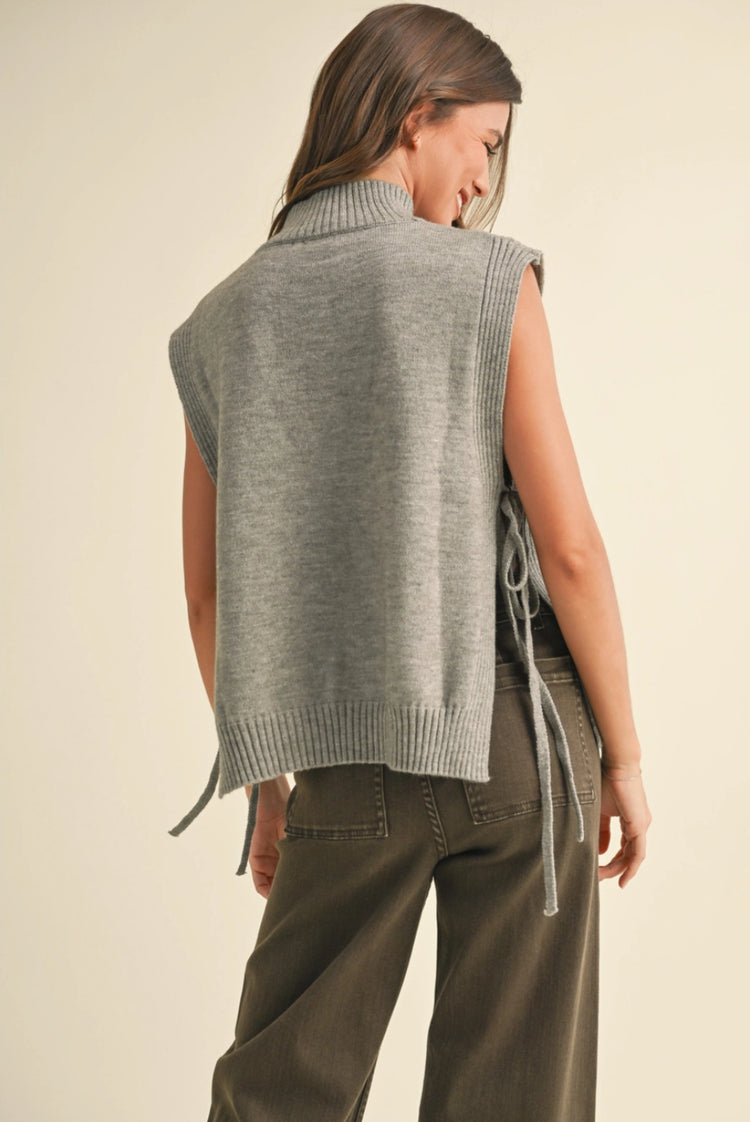 mock neck side tie sleeveless sweater