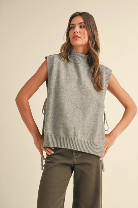 mock neck side tie sleeveless sweater