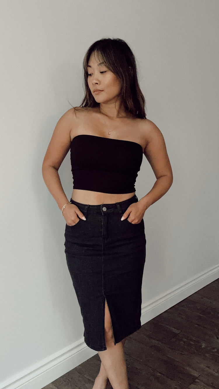 midi black jean skirt