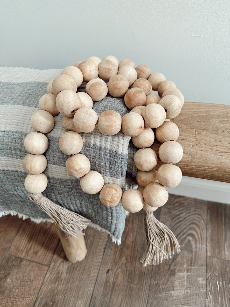 wooden beads with jute tassels