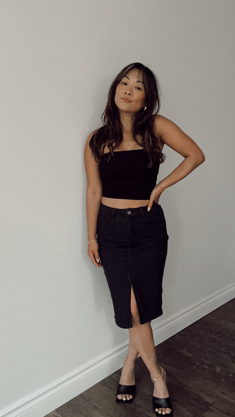 midi black jean skirt