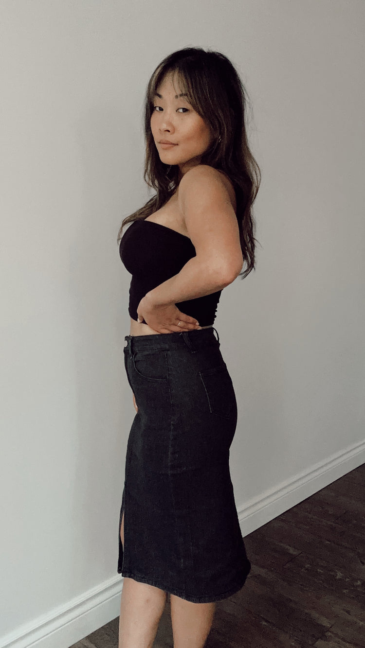 midi black jean skirt