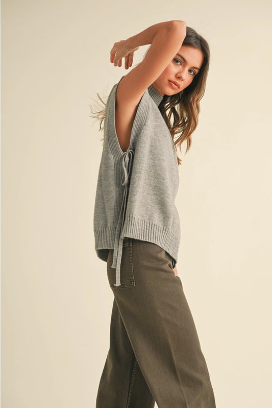 mock neck side tie sleeveless sweater