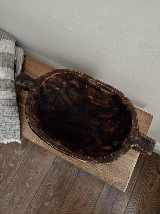 charred paulownia wood bowl with handles