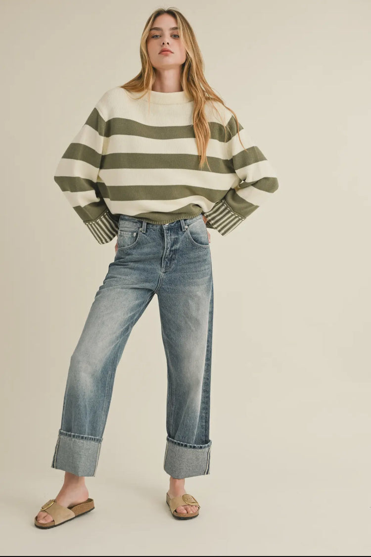 straight leg cuffed hem denim pants