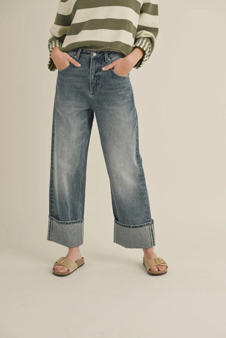 straight leg cuffed hem denim pants