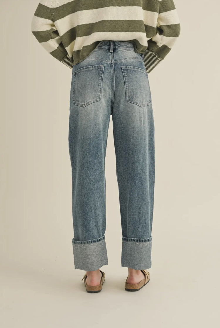 straight leg cuffed hem denim pants