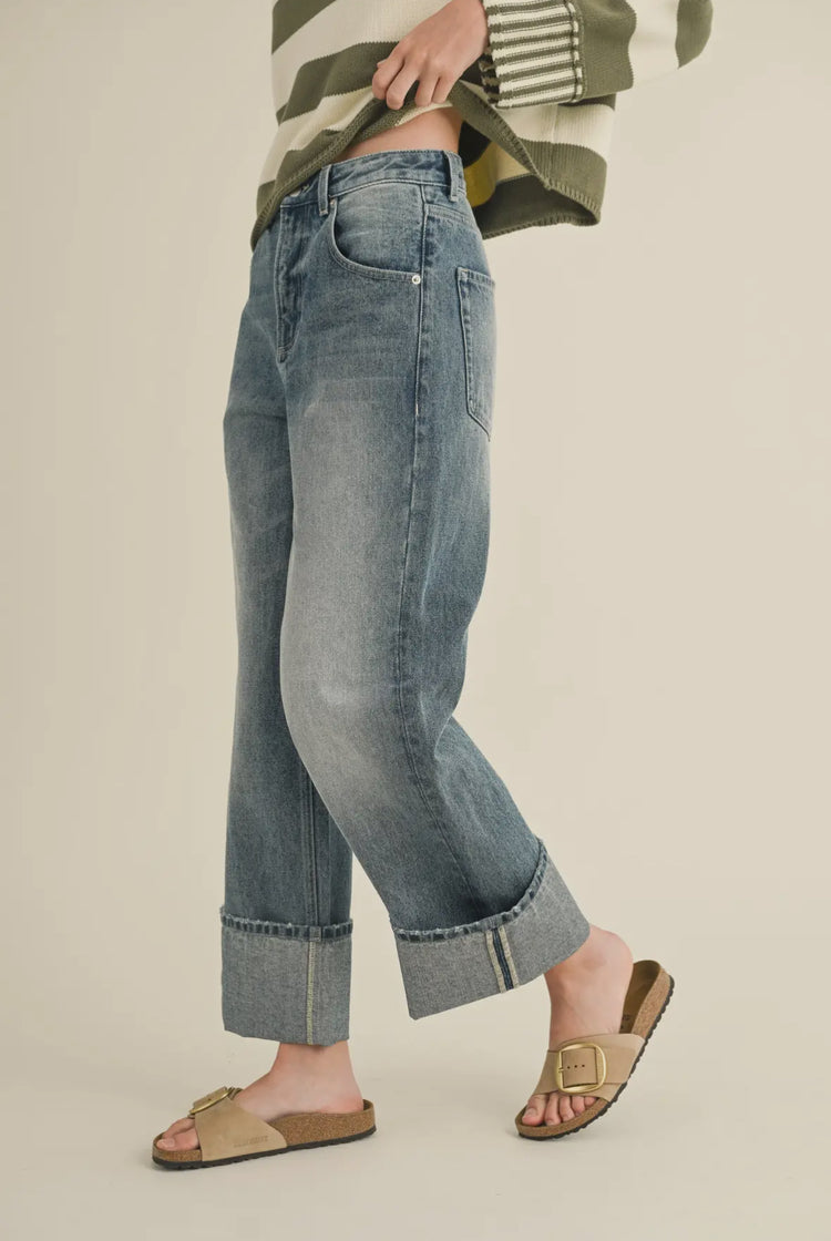 straight leg cuffed hem denim pants