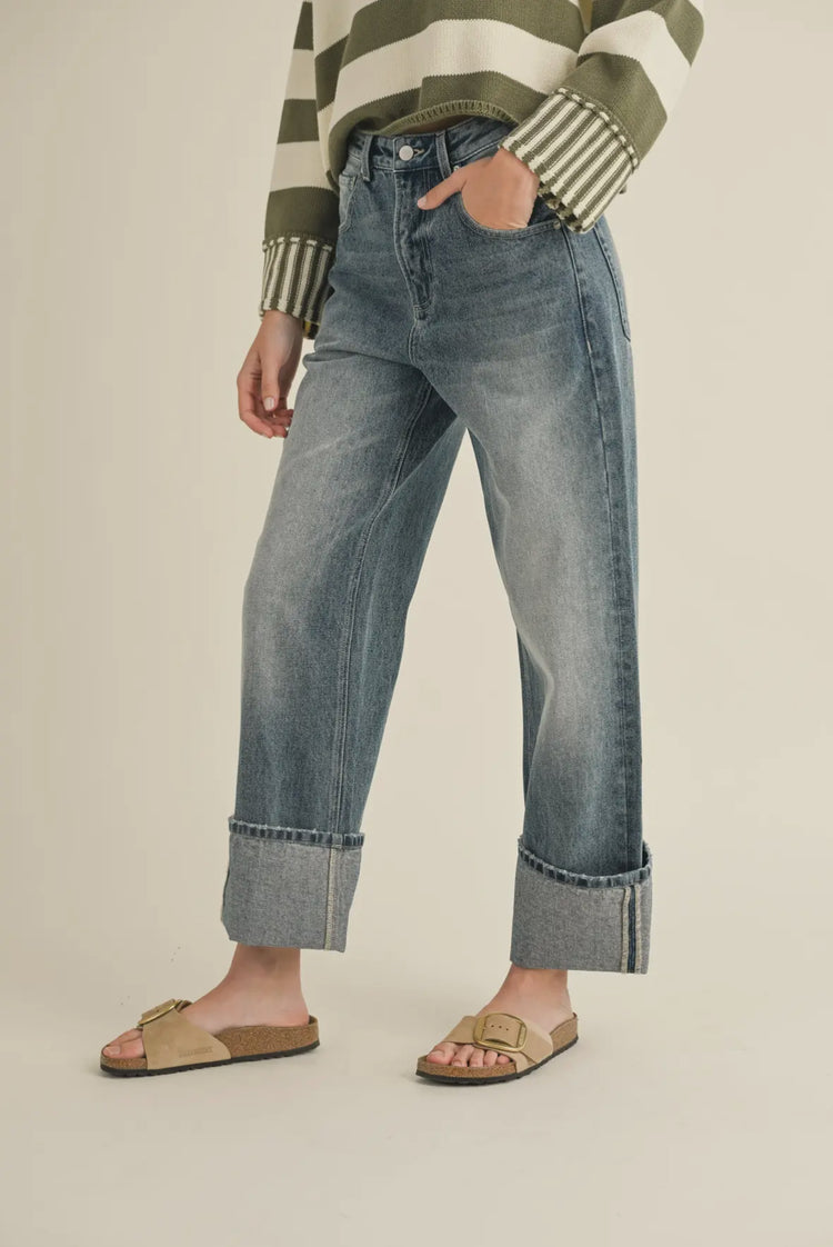 straight leg cuffed hem denim pants