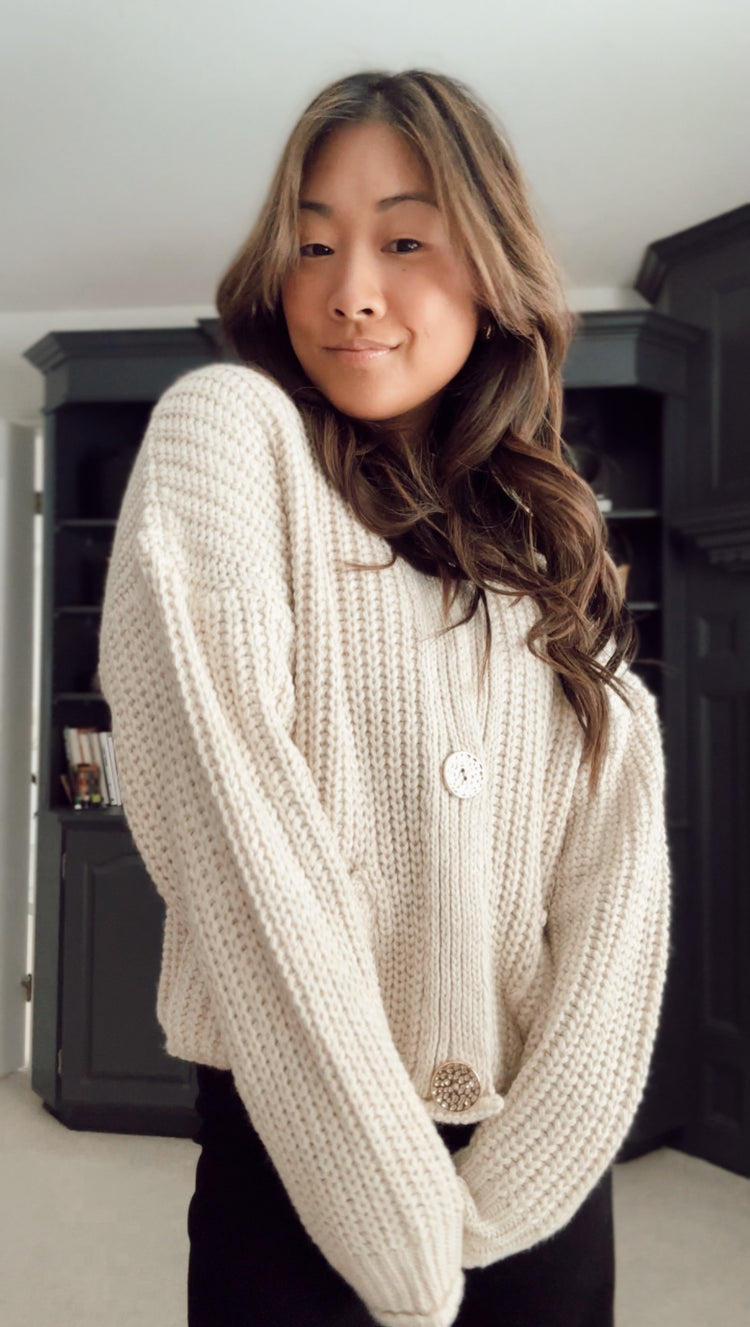 chunky knit cardigan with gold buttons