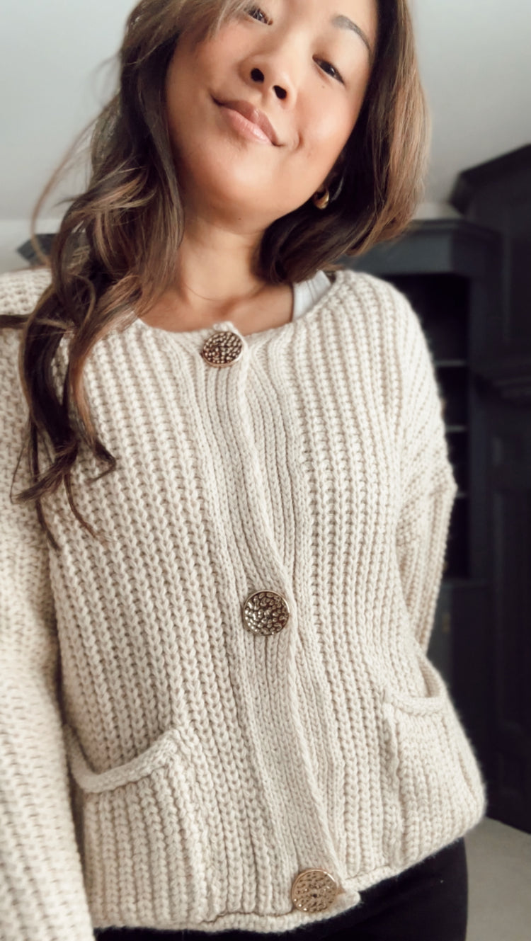 chunky knit cardigan with gold buttons