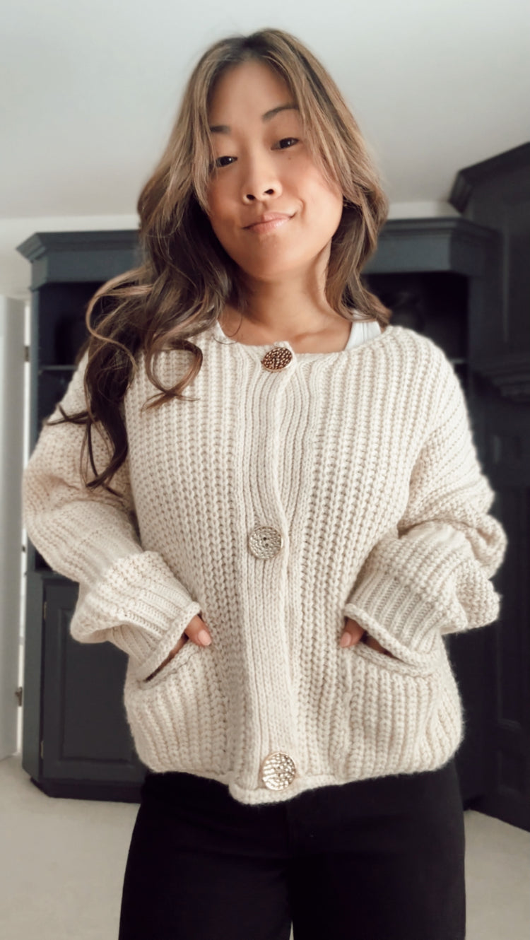 chunky knit cardigan with gold buttons