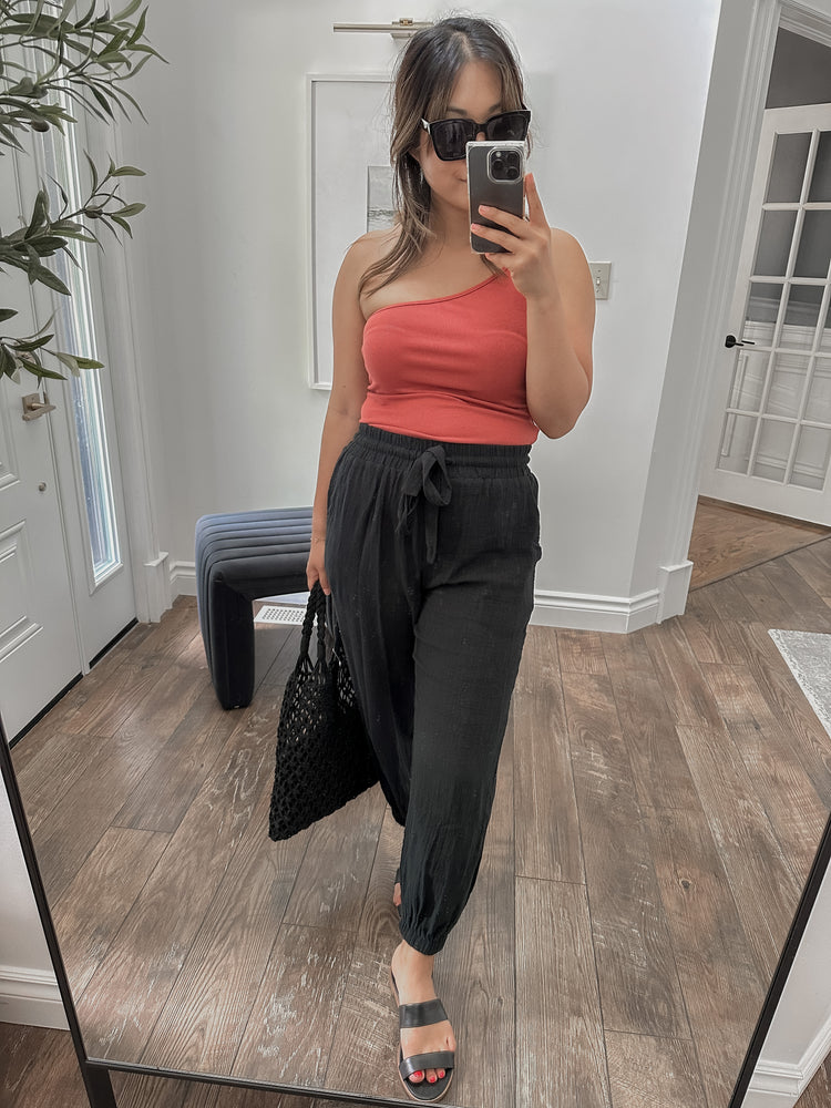 Ribbed One Shoulder Top in Brick