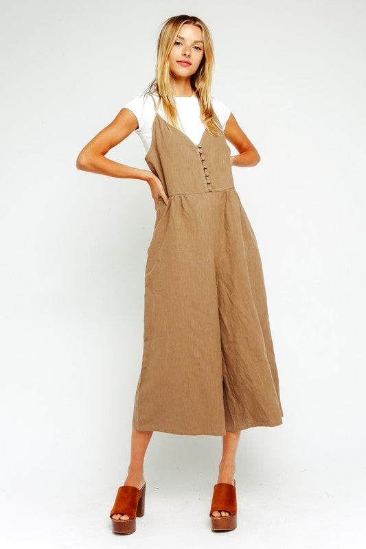 button up wide leg jumpsuit in truffle